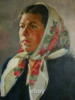 Russian Ukrainian Soviet Oil Painting realism female portrait girl woman 1950s
