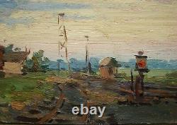 Russian Ukrainian Soviet Oil Painting realism impressionism railroad landscape