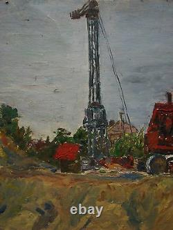 Russian Ukrainian Soviet Oil Painting realism industrial art excavator building