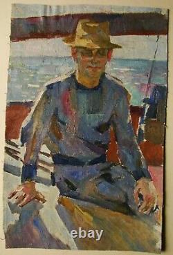 Russian Ukrainian Soviet Oil Painting realism portrait male figure man hat boat