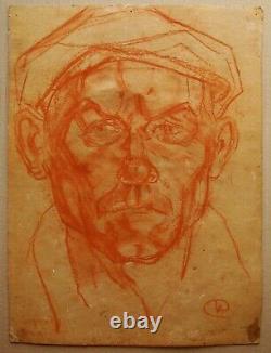 Russian Ukrainian Soviet Painting expressionism male worker portrait man cap