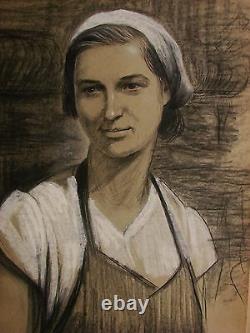 Russian Ukrainian Soviet Painting portrait realism working woman girl 1950s
