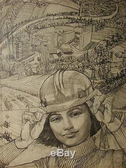 Russian Ukrainian Soviet Painting realism girl builder poster sketch panorama