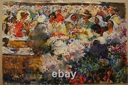 Russian Ukrainian Soviet Painting realism impressionism market flowers girls 50s