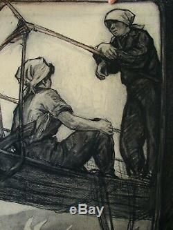 Russian Ukrainian Soviet Painting realism women girl worker ship port 1950s