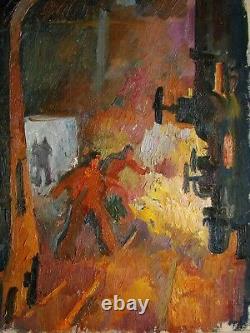 Russian Ukrainian Soviet Painting soc realism steel factory working man smelter