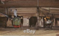 Russian Ukrainian Soviet Watercolor realism industrial painting depot locomotive