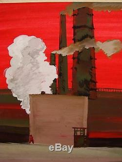 Russian Ukrainian Soviet gouache realism red industrial painting plant