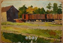 Russian Ukrainian Soviet oil Painting Impressionism cargo train car realism 50s