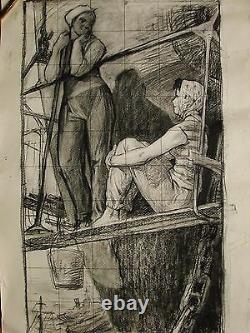 Russian Ukrainian Soviet two Painting realism women girl worker ship port 1950s