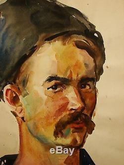 Russian Ukrainian Watercolor Soviet Painting male portrait realism man Cossack
