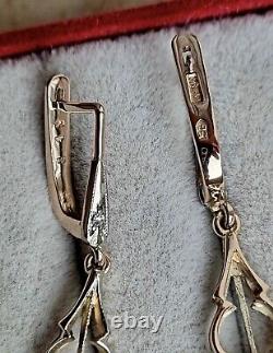 Russian Vintage Rose Gold Earrings Diamonds Soviet Ussr