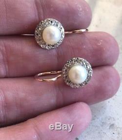 Russian Vintage Rose Gold & White Gold Pearl Earring 583 14k USSR Jewelry