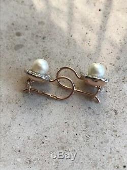 Russian Vintage Rose Gold & White Gold Pearl Earring 583 14k USSR Jewelry