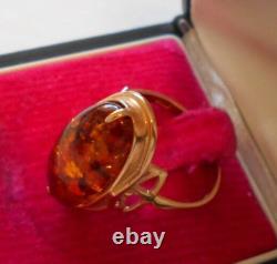 Russian Vintage USSR Soviet Rose Gold 583 14k Domed Baltic Amber Ring Size 8
