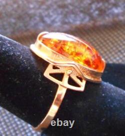 Russian Vintage USSR Soviet Rose Gold 583 14k Domed Baltic Amber Ring Size 8