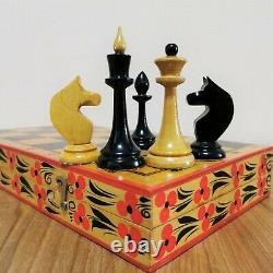 Russian style chess set Wooden hand-painted USSR vintage soviet antique