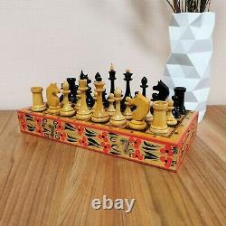 Russian style chess set Wooden hand-painted USSR vintage soviet antique