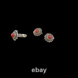 Silver Vintage Set Sterling Coral 925 Soviet USSR Jewelry Russian Size 8 Woman
