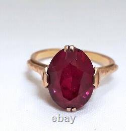 Solid Rose Gold 583 14K Ring Lab Ruby Corundum size 6,5 Vintage Soviet Russian