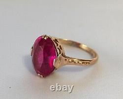 Solid Rose Gold 583 14K Ring Lab Ruby Corundum size 6,5 Vintage Soviet Russian