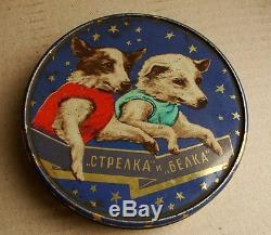 Soviet RUSSIAN TIN BOX Space Belka Strelka Laika Dog Roket 1960 Kosmos