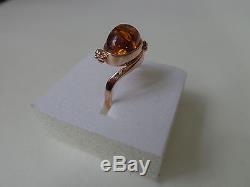 Soviet Rose Gold Ring 14K 585 Amber US Size 6.75 (17.15 mm) USSR Russian 3.31 gr