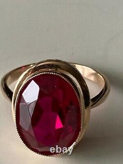 Soviet Russian 583 14k Rose Gold Faceted Ruby Ring 6.8gr Size 8.25 Ussr