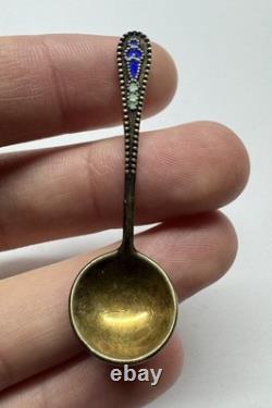 Soviet Russian 875 Silver Enamel Salt Spoon USSR Miniature Vintage Collectible