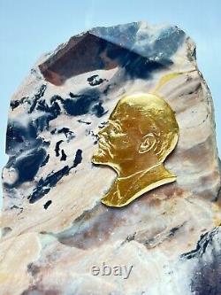 Soviet Russian Communist Propaganda Cabinet Paperweight Gild Lenin Jasper Rock