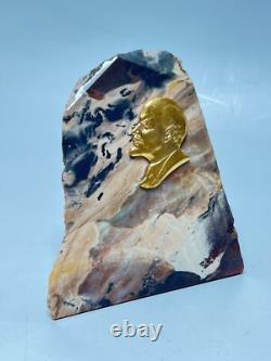 Soviet Russian Communist Propaganda Cabinet Paperweight Gild Lenin Jasper Rock