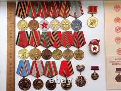 Soviet Russian Set 20 Medals, badges with 6 Documents of Veteran WW2, Army USSR