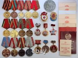 Soviet Russian Set 22 Medals, badges, 10 Documents of Veteran WW2, Army of USSR