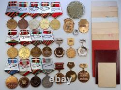 Soviet Russian Set 22 Medals, badges, 10 Documents of Veteran WW2, Army of USSR