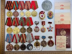 Soviet Russian Set 22 Medals, badges, 10 Documents of Veteran WW2, Army of USSR