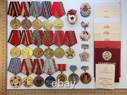 Soviet Russian Set 22 Medals, badges, 11 Documents of Veteran WW2 Army USSR WWII