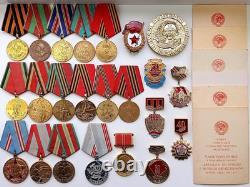Soviet Russian Set 23 Medals, badges with 6 Documents of Veteran WW2, Army USSR
