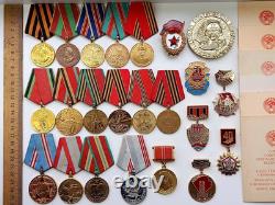 Soviet Russian Set 23 Medals, badges with 6 Documents of Veteran WW2, Army USSR