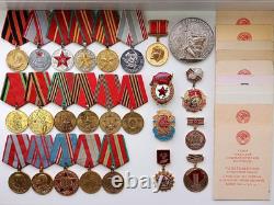 Soviet Russian Set 25 Medals, badges with 10 Documents of Veteran WW2, Army USSR