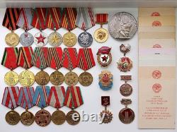 Soviet Russian Set 25 Medals, badges with 10 Documents of Veteran WW2, Army USSR