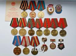 Soviet Russian Set of 18 Medals and Badges of Veteran WW2, Army USSR. Document