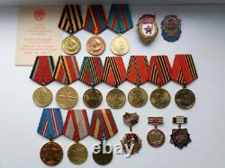 Soviet Russian Set of 18 Medals and Badges of Veteran WW2, Army USSR. Document