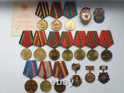 Soviet Russian Set of 18 Medals and Badges of Veteran WW2, Army USSR. Document