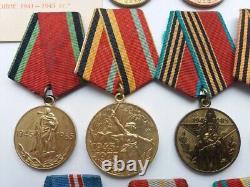 Soviet Russian Set of 18 Medals and Badges of Veteran WW2, Army USSR. Document