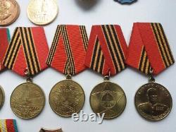 Soviet Russian Set of 18 Medals and Badges of Veteran WW2, Army USSR. Document