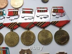 Soviet Russian Set of 18 Medals and Badges of Veteran WW2, Army USSR. Document
