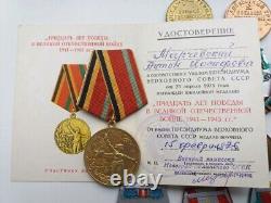 Soviet Russian Set of 18 Medals and Badges of Veteran WW2, Army USSR. Document