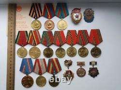 Soviet Russian Set of 18 Medals and Badges of Veteran WW2, Army USSR. Document