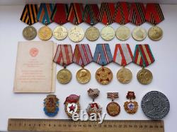 Soviet Russian Set of 20 Medals and Badges of Veteran WW2, Army USSR. Documents
