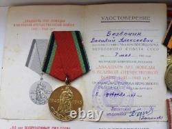 Soviet Russian Set of 20 Medals and Badges of Veteran WW2, Army USSR. Documents